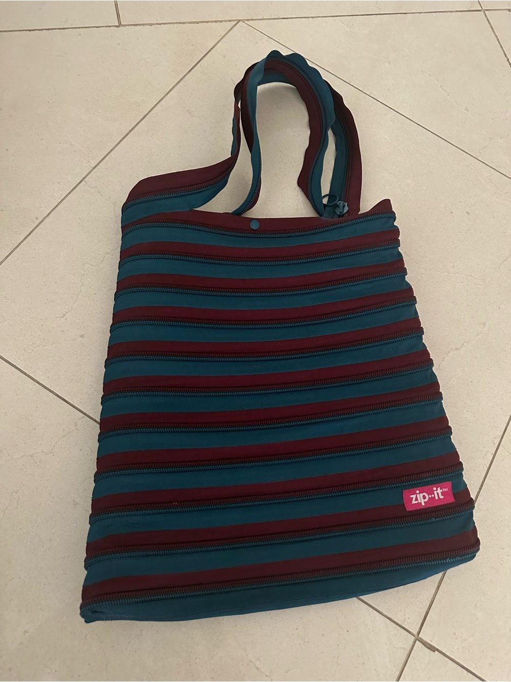 Zip-It Striped Teal and Burgundy Zip-Detail Tote